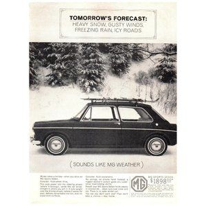 1964 MG Sports Sedan Sounds like MG Weather Vintage Print Ad Winter Snow Skis